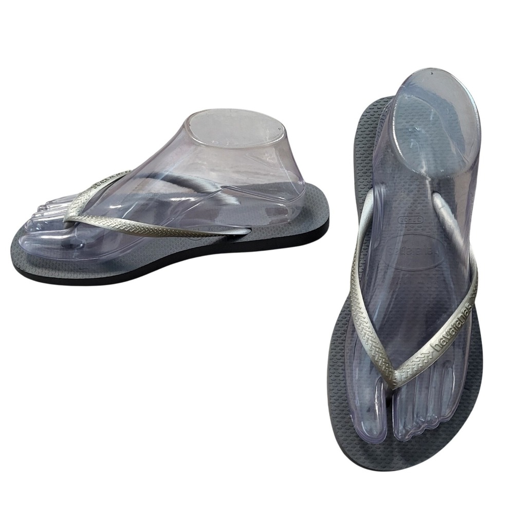 Havaianas Slim Flip Flops Dark Gray Metallic Silver Straps Womens 7/8 Sandals